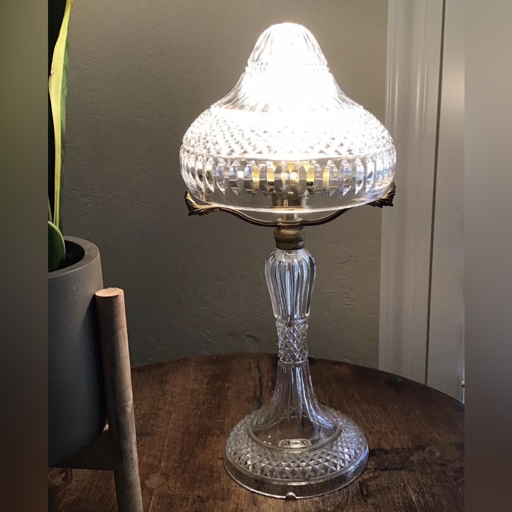 Antique Edwardian Cut Crystal Clear Mushroom 15” Desk Lamp Early 20th Century